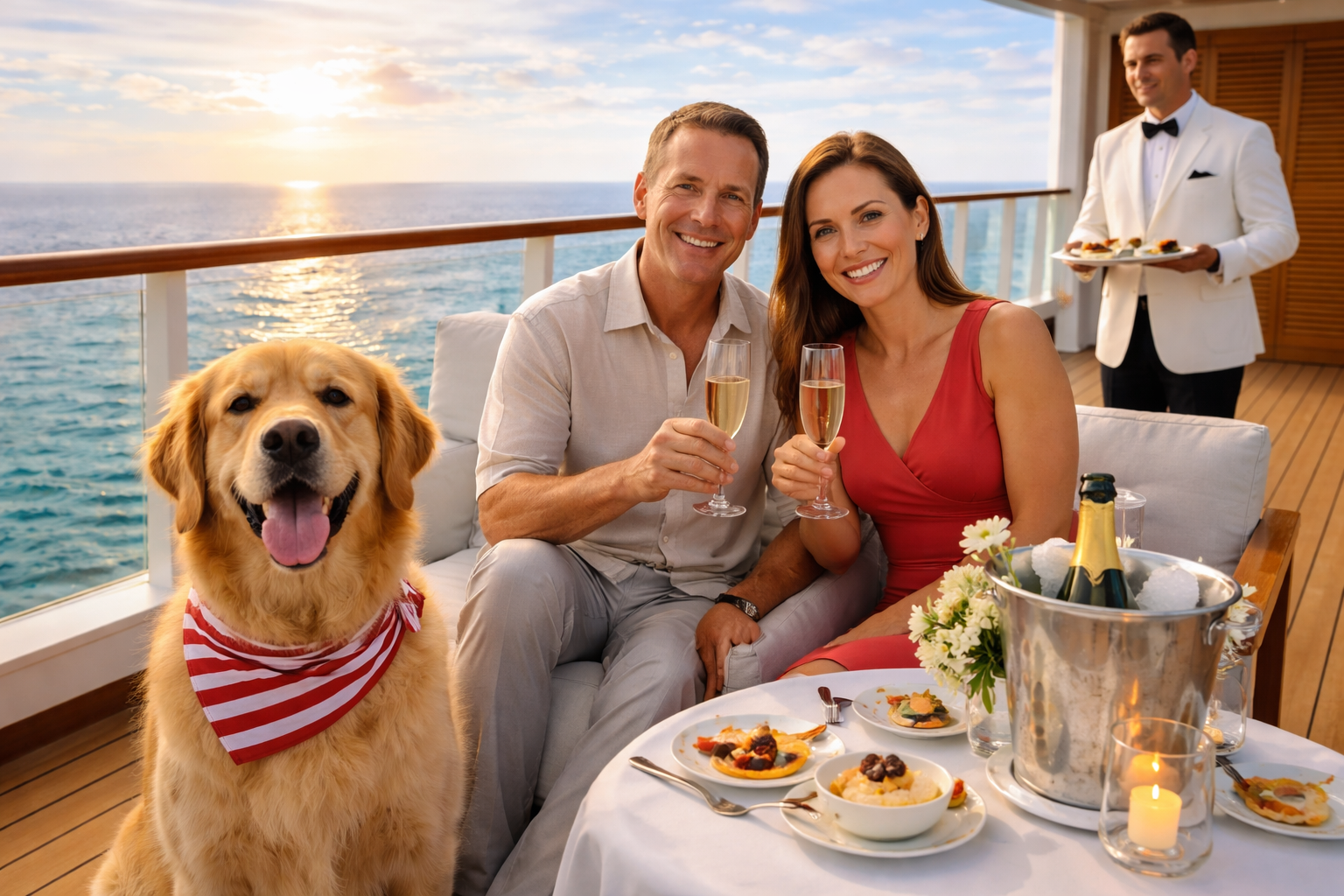 Couple toasting champagne on a luxury cruise balcony at sunset with gourmet dining setup, attentive waiter, and golden retriever sitting beside them overlooking the ocean