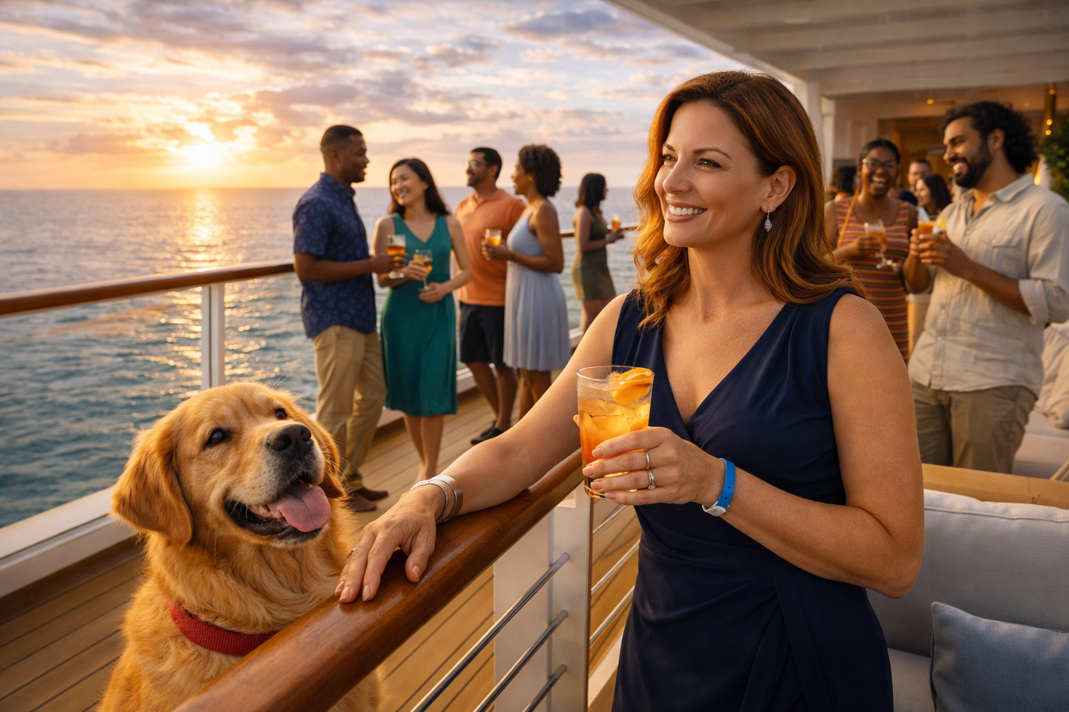 Solo traveler with golden retriever enjoying sunset on cruise deck while diverse group socializes in background with ocean views