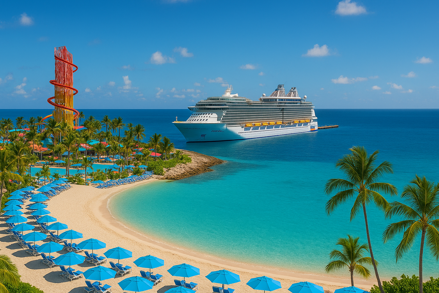 Cruise ship docked near a tropical beach with turquoise water, palm trees, and a water slide.