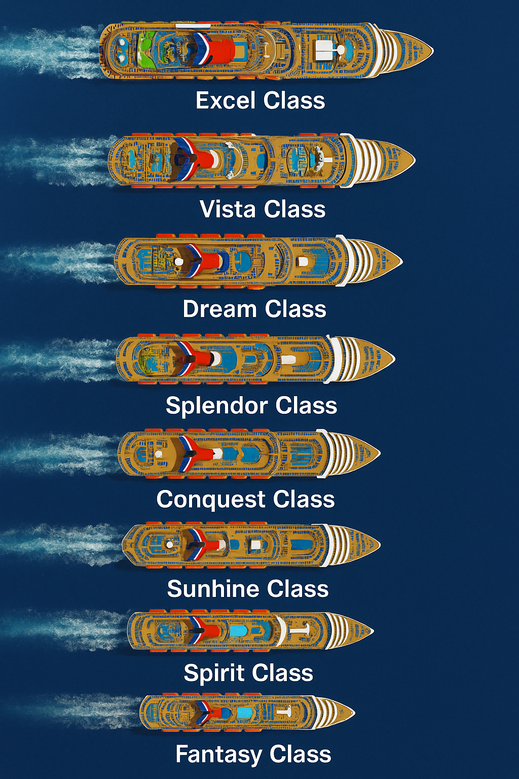 Top-down view of several cruise ship classes, labeled: Excel, Vista, Dream, Splendor, Conquest, Sunshine, Spirit, and Fantasy.