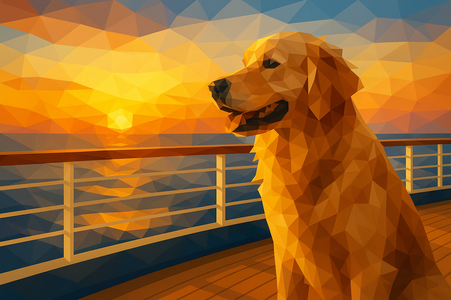 Golden retriever dog enjoying a sunset from a ship deck.