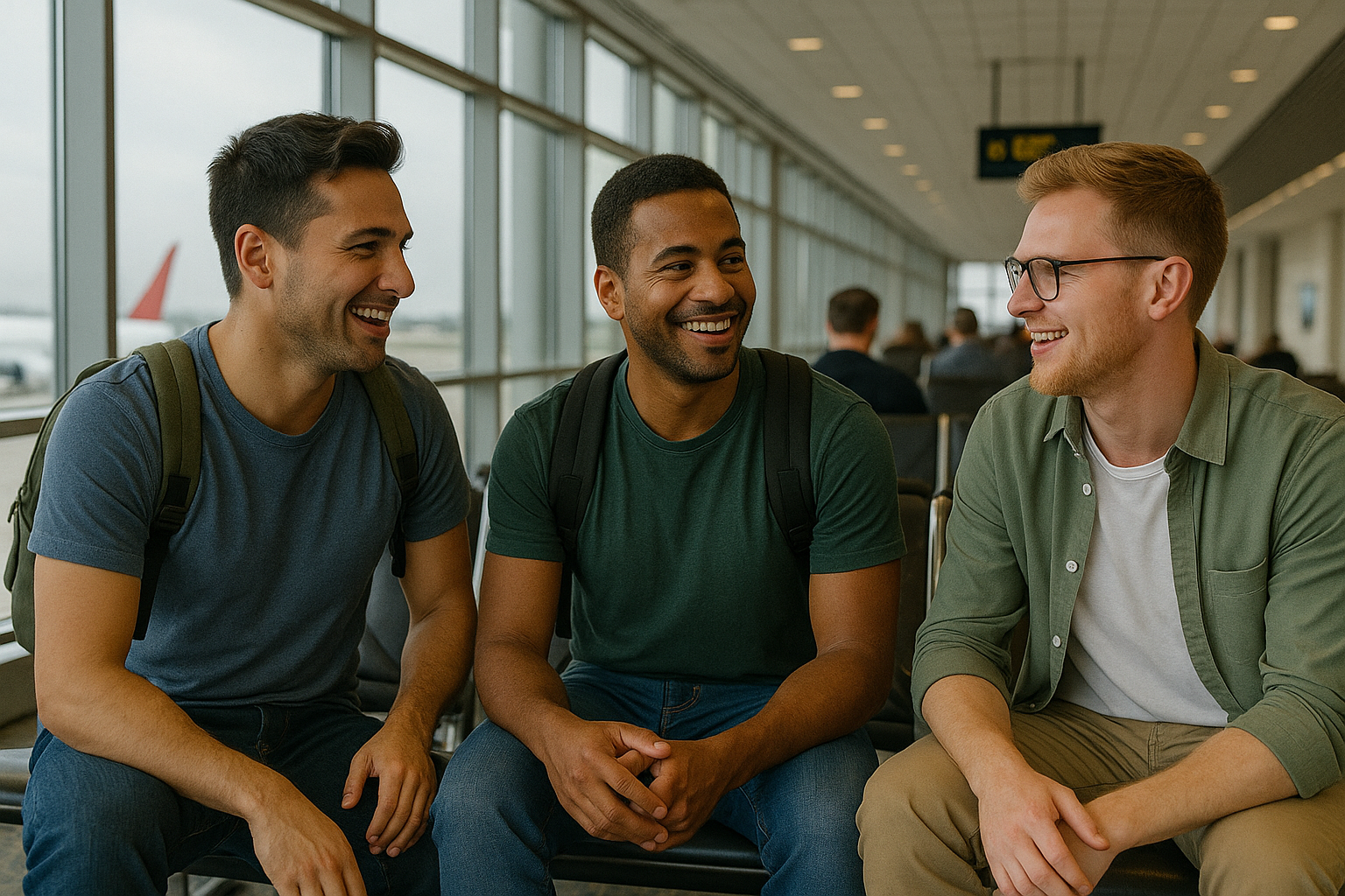 Three men smiling, sitting together in an airport waiting area, with backpacks and large windows in the background.