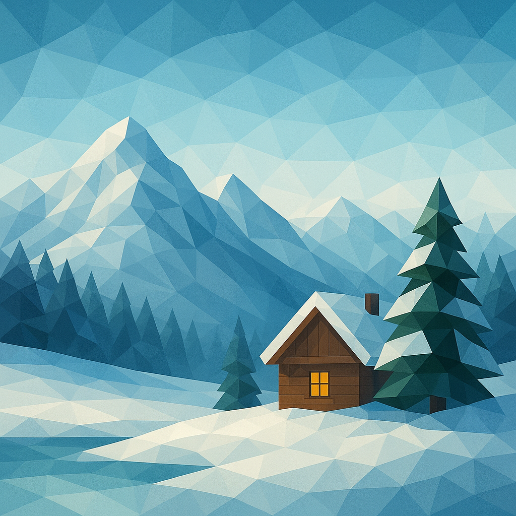 AI generated image of a cabin covered in snow surrounded by snow covered mountains