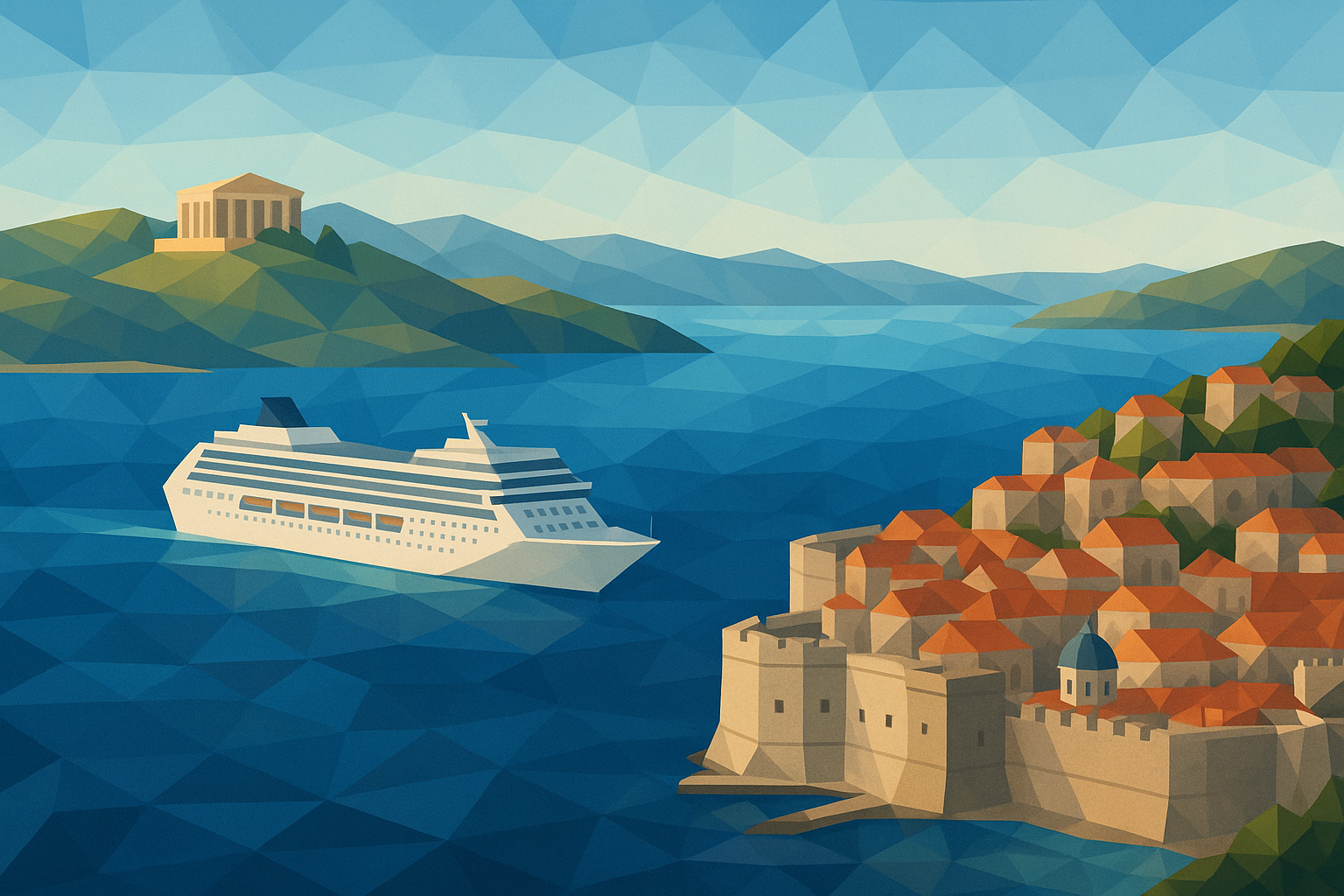 Cruise ship sailing near a coastal city with orange roofs and a hilltop building; blue water and sky.