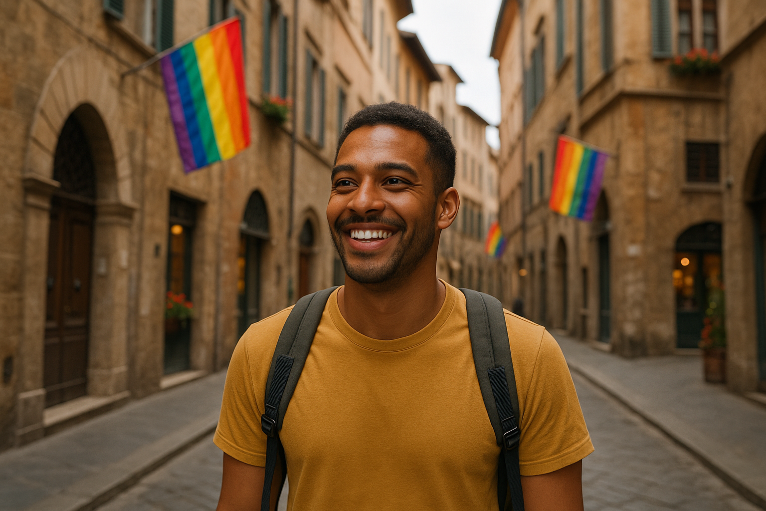 Smiling man with backpack walks down street, rainbow flags in background.