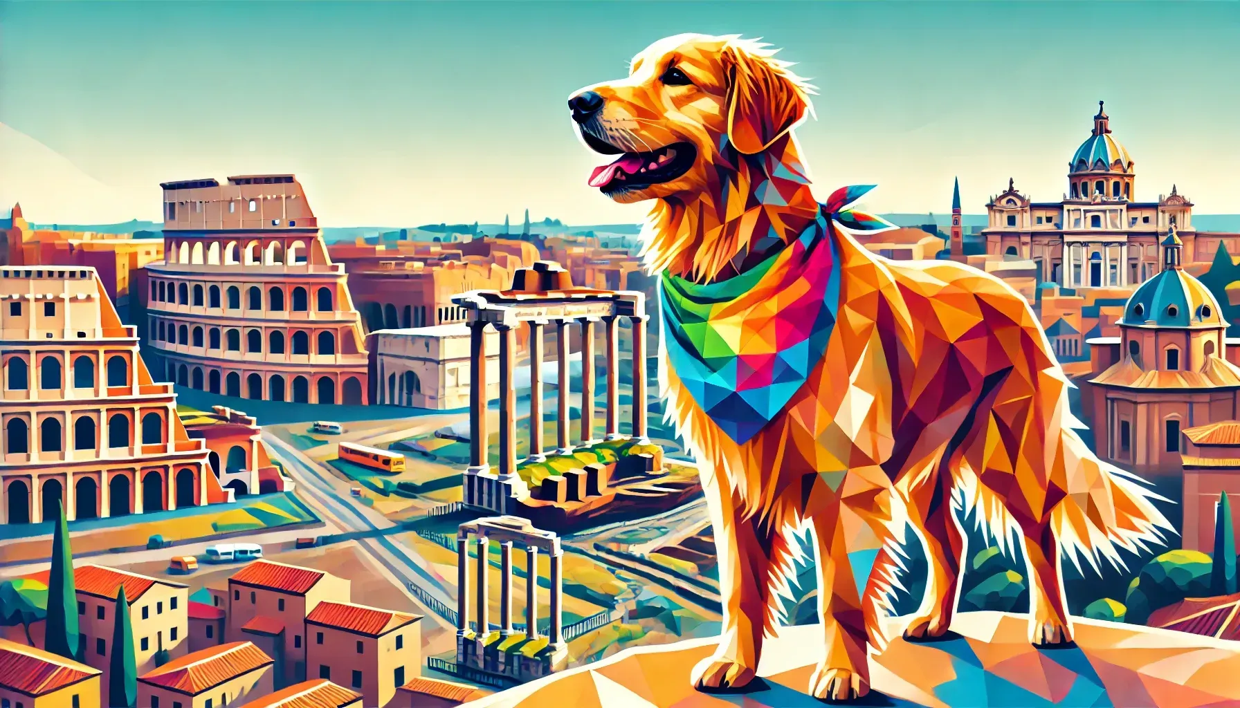 Golden retriever in Rome wearing a colorful bandana, overlooking the Colosseum and other landmarks.