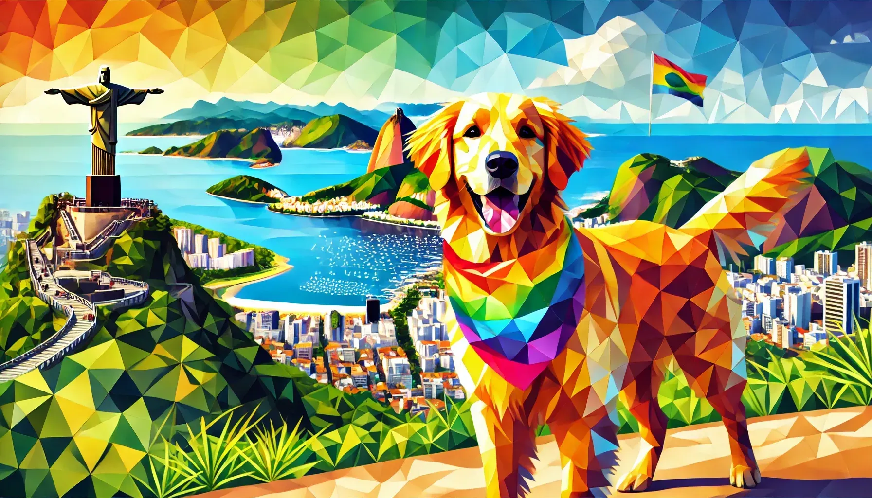 Golden retriever with rainbow bandana, Rio de Janeiro background, rainbow flag, Christ the Redeemer statue.