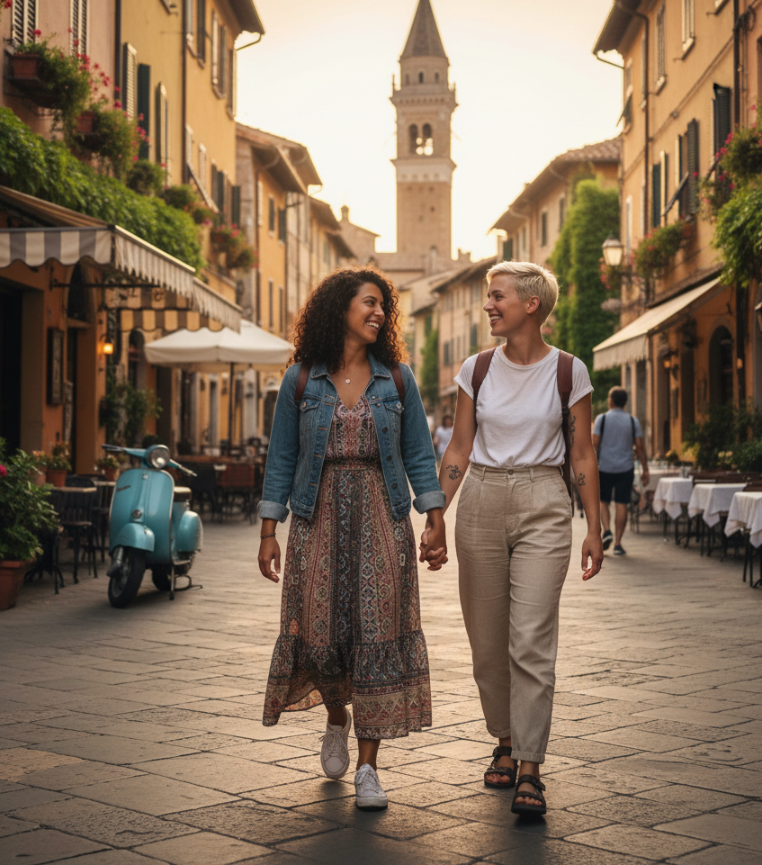 Two people holding hands, walking down a European cobblestone street, towards a tower.