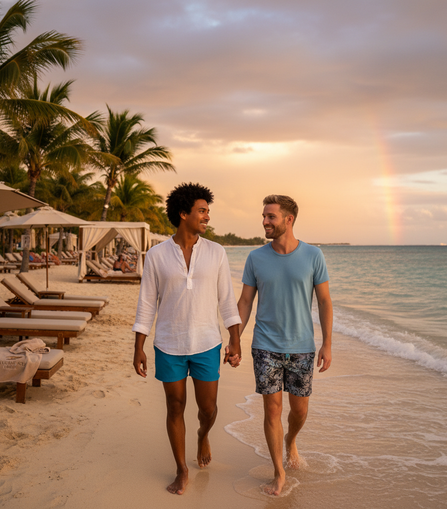Two men holding hands, walking on a beach at sunset, a rainbow in the sky.