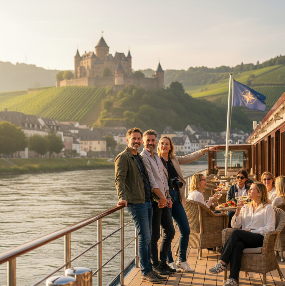 Diverse group enjoying a river cruise sun deck at sunset, pointing toward a medieval castle and vineyards on the riverside hill.