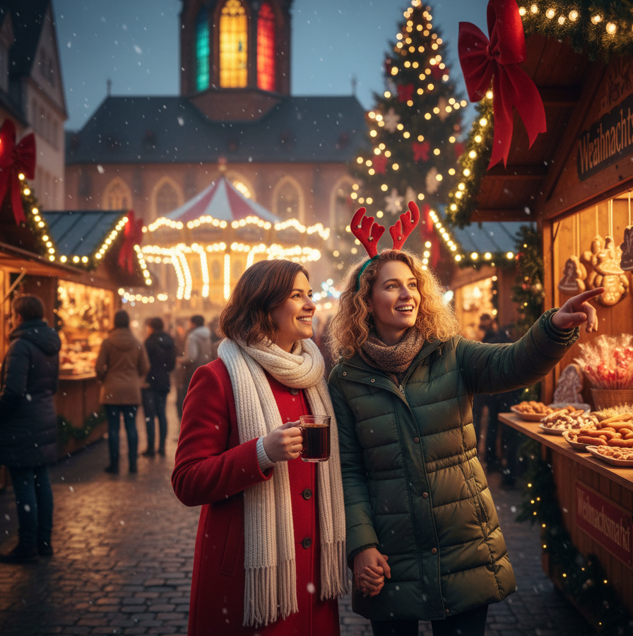 Two women at a Christmas market, one pointing, with lights and a decorated tree.