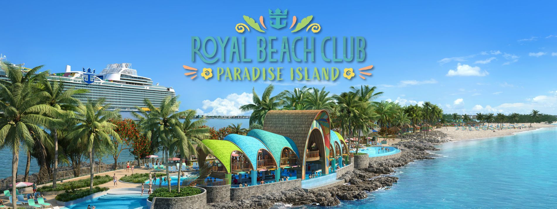 Royal Beach Club on Paradise Island with a turquoise ocean and a cruise ship in the background.
