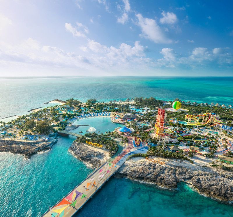 An ariel view of Perfect Day at CocoCay, Royal Caribbean's private island in the Bahamas.