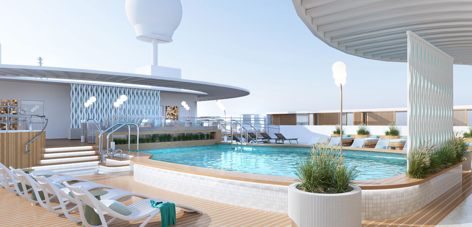 Cruise ship deck with pool, sun loungers, and city views on a sunny day.