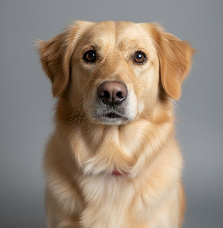 Golden retriever dog looking directly at the camera with brown eyes, against a gray background.