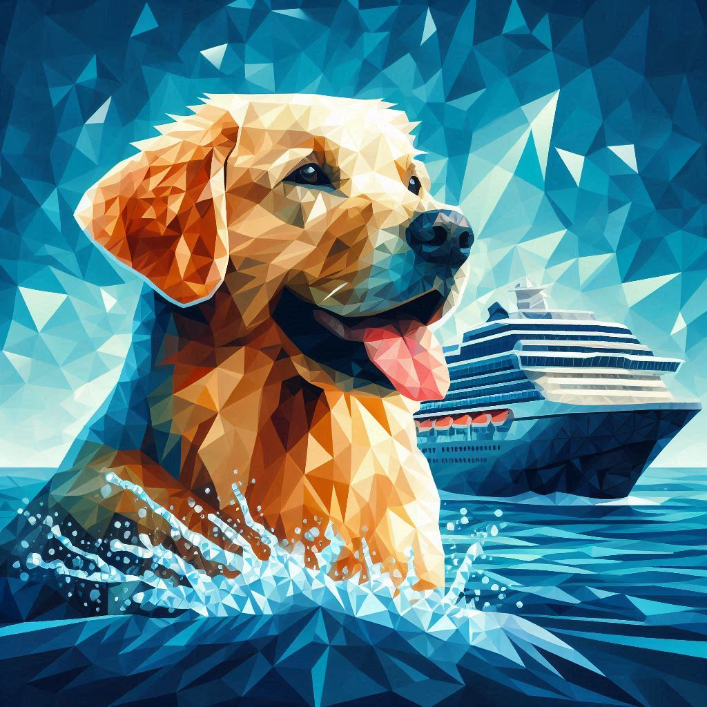 Image of a golden retriever with a cruise ship in the background