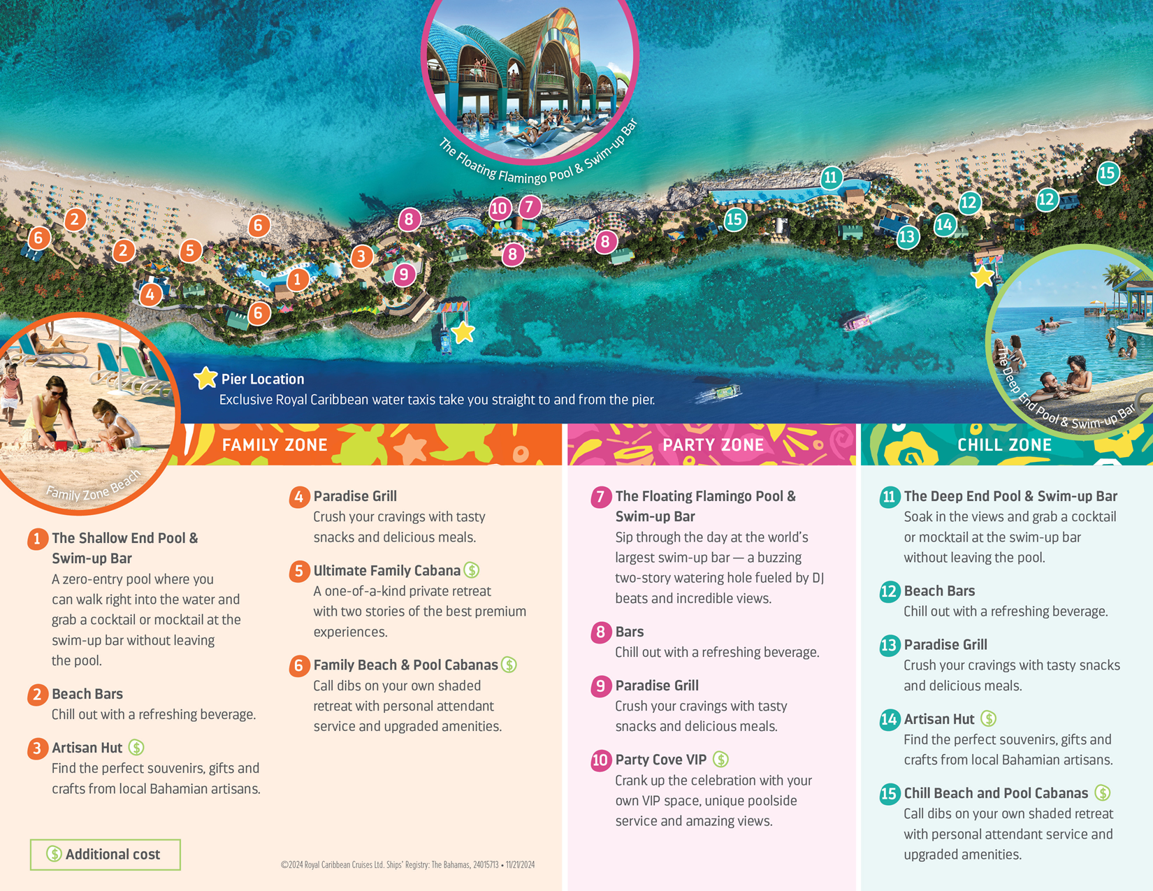 Map of a beach resort with activities and facilities. Turquoise water, tan sand, and colorful buildings.