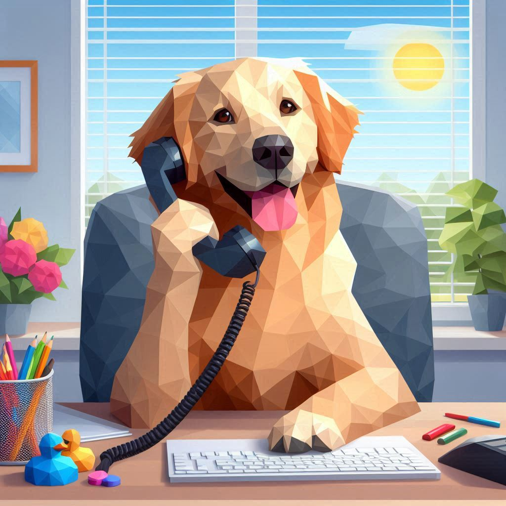 Golden retriever dog at a desk, wearing a suit, talking on a phone, with a sunny window and flowers in the background.
