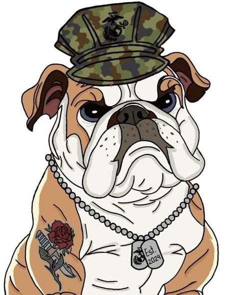 Bulldog in camouflage hat and beaded necklace, wearing dog tags, tattoo of rose and knife.