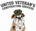 Bulldog in camouflage hat, necklace, and dog tags. Above, "United Veteran's Construction Services."