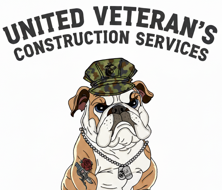 Bulldog in camouflage hat, necklace, and dog tags. Above, "United Veteran's Construction Services."