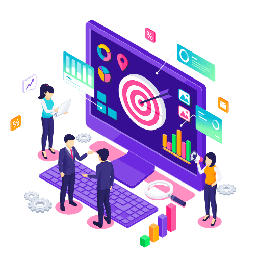 Business team analyzing data on a large monitor, aiming for a bullseye target.