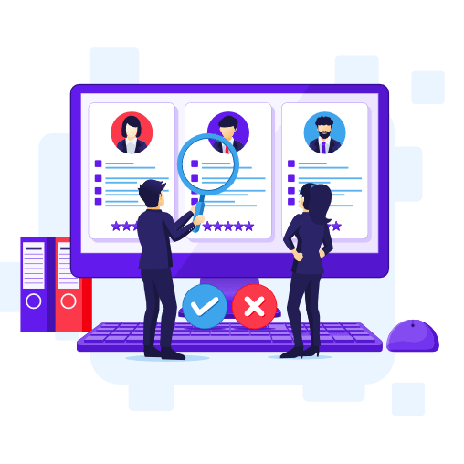 Recruiters reviewing candidates on a computer screen, with check and X mark options.