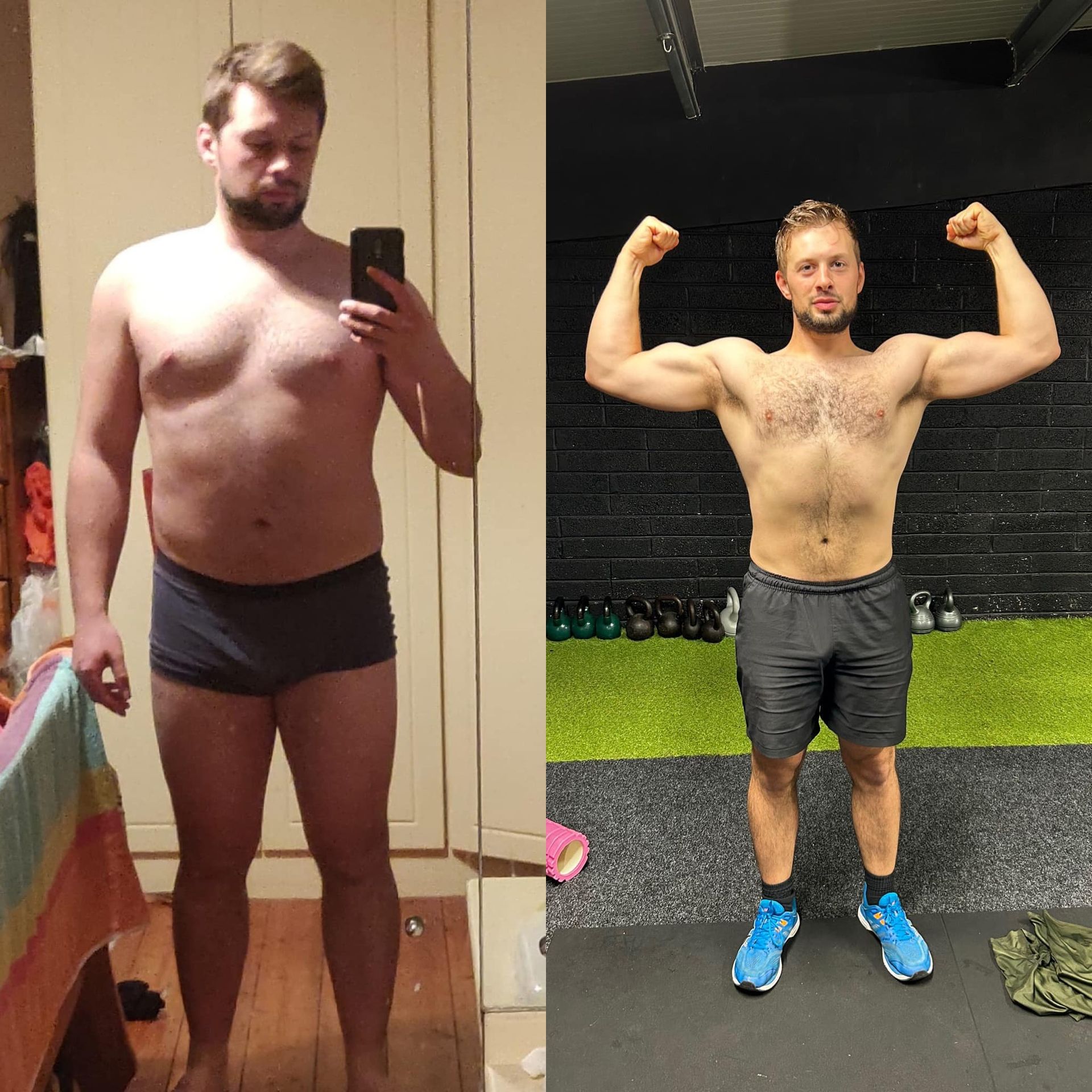 a before and after picture of a man taking a selfie