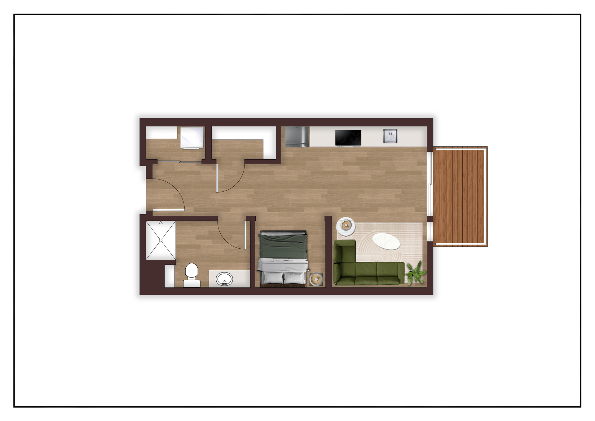 A floor plan of a small apartment with a green couch and a balcony.