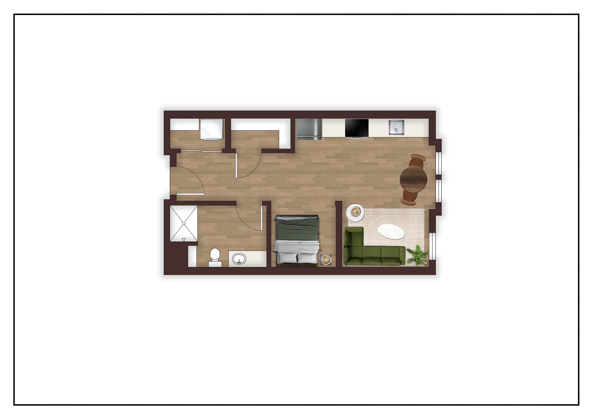 A floor plan of a small apartment with a living room , dining room , and kitchen.