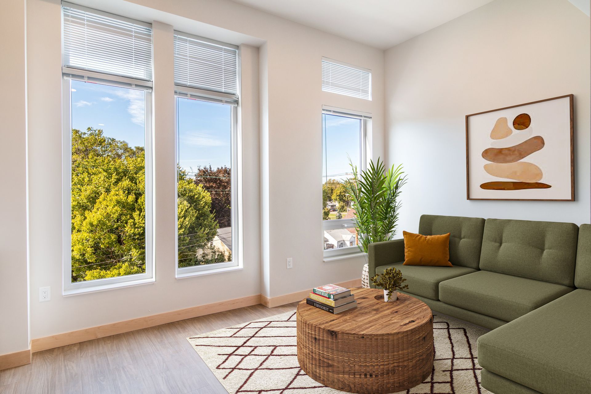 A living room with a couch , coffee table , and two windows.