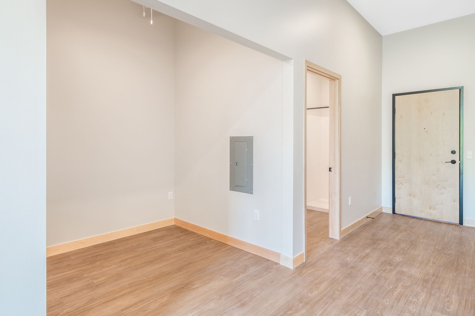An empty room with hardwood floors and a door.