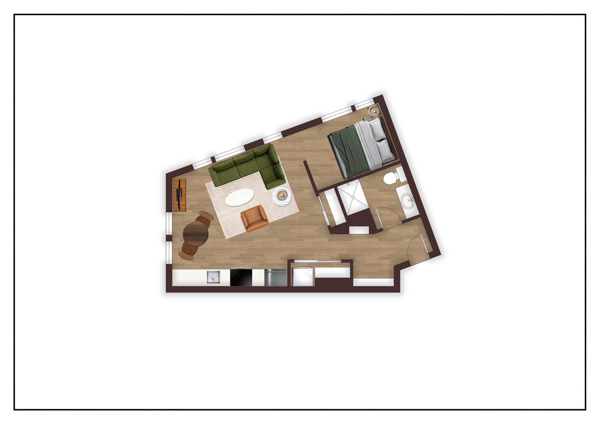 An aerial view of a floor plan of a house.