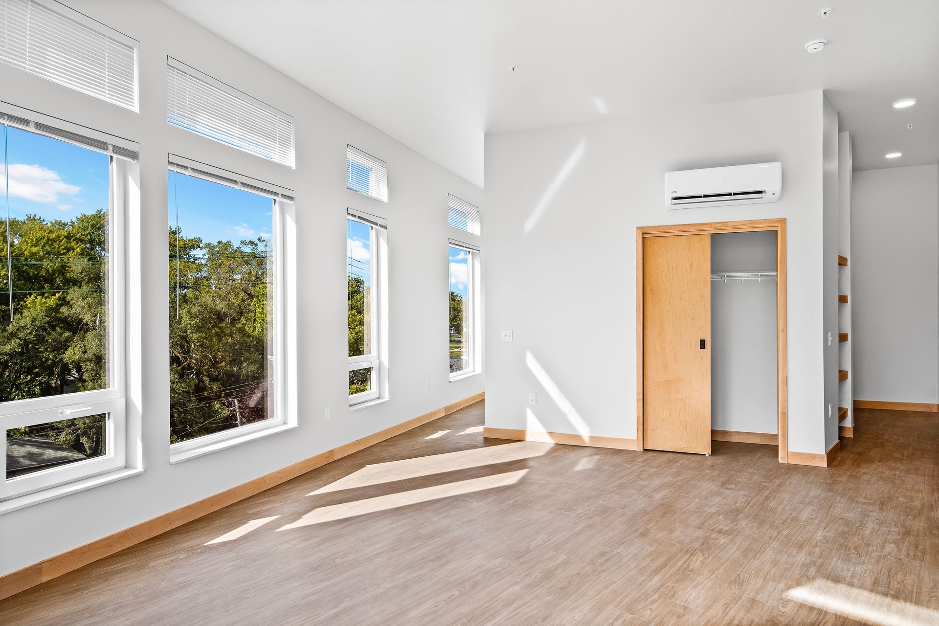 A large empty room with lots of windows and a closet.