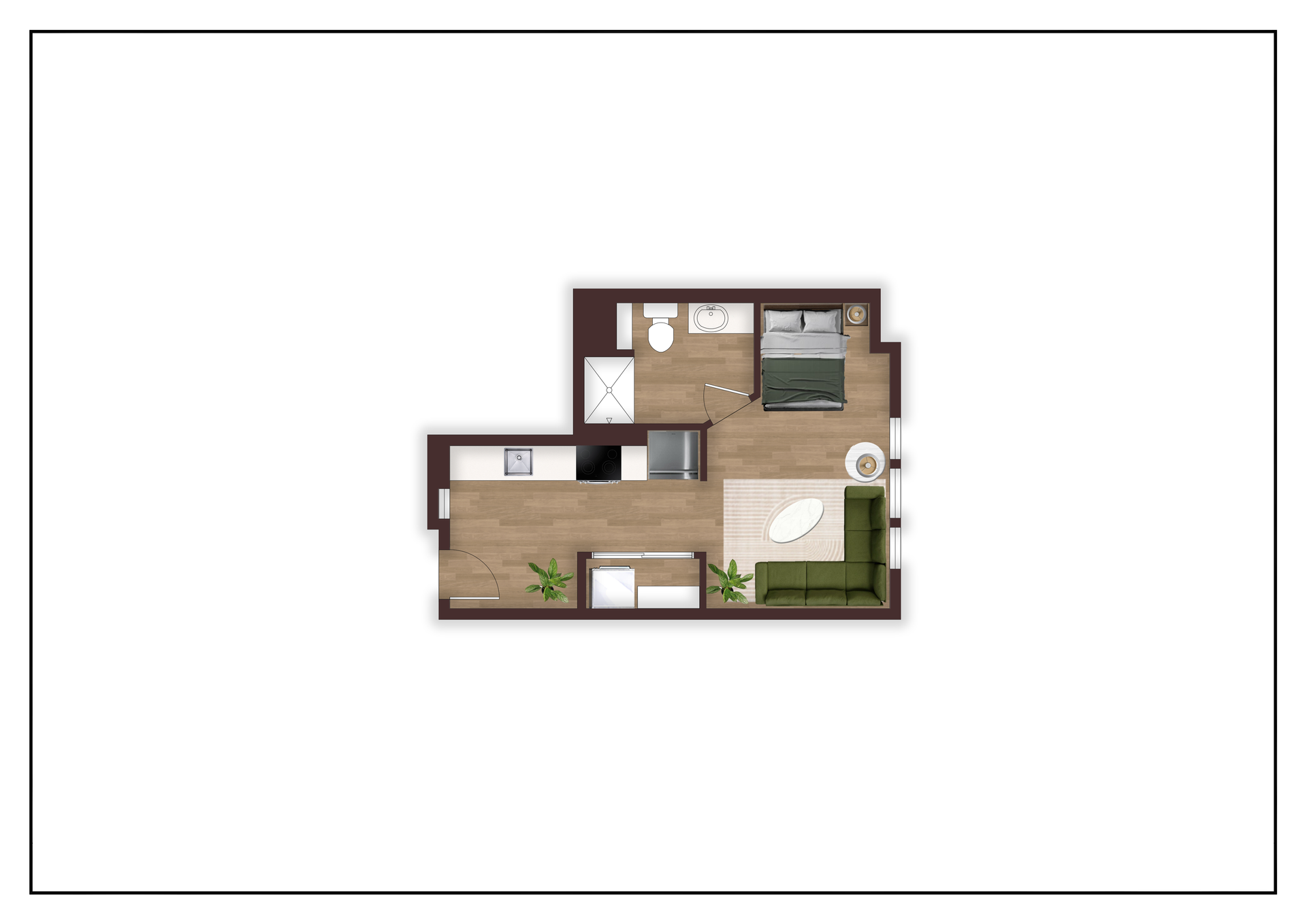 An aerial view of a floor plan of a small apartment.