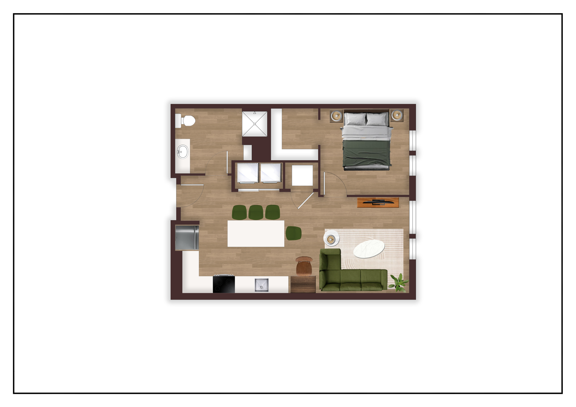 An aerial view of a floor plan of a small apartment.