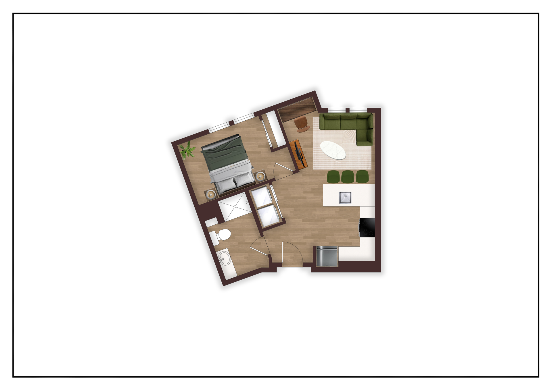 An aerial view of a floor plan of a small apartment.