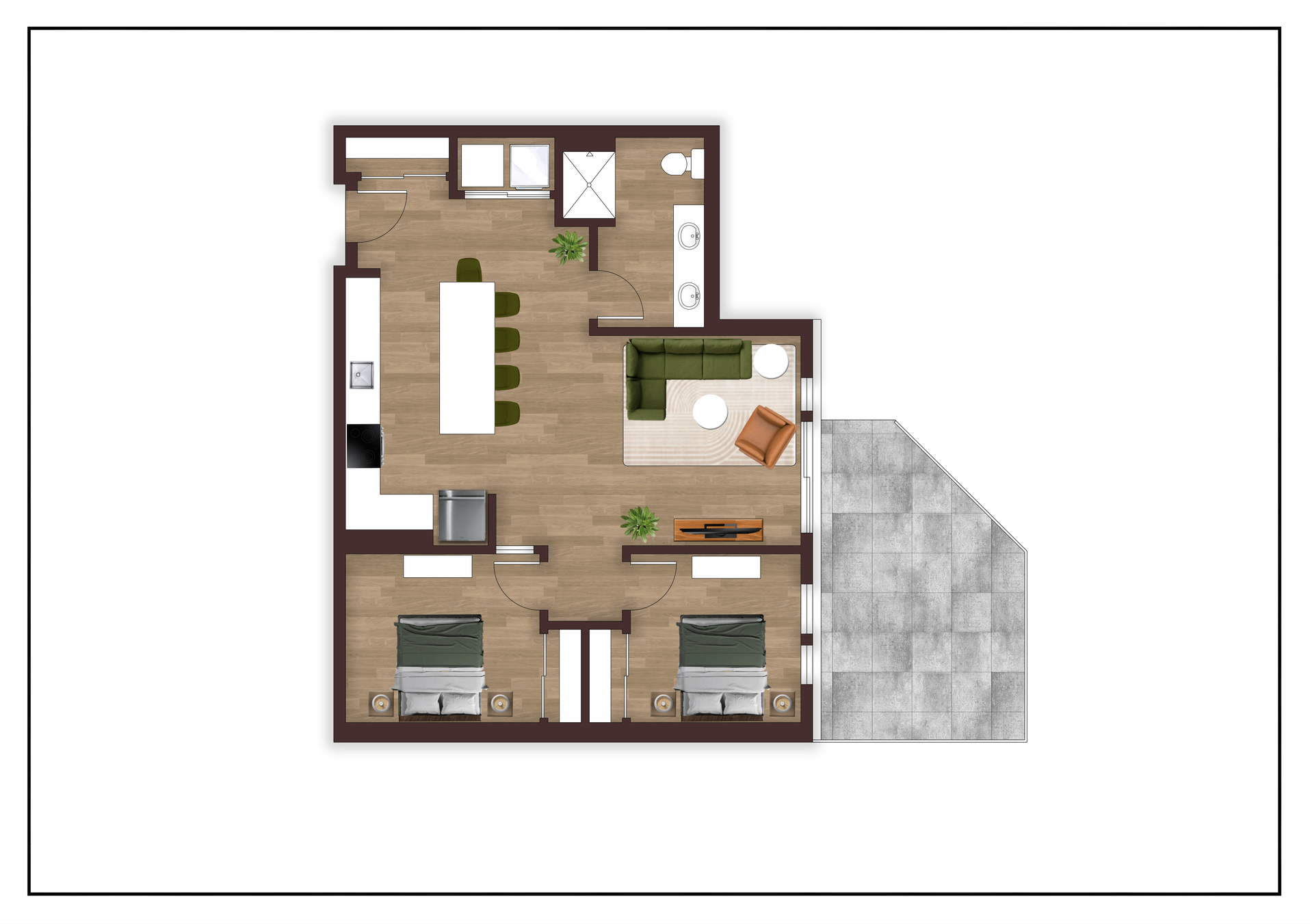 An aerial view of a floor plan of a house.