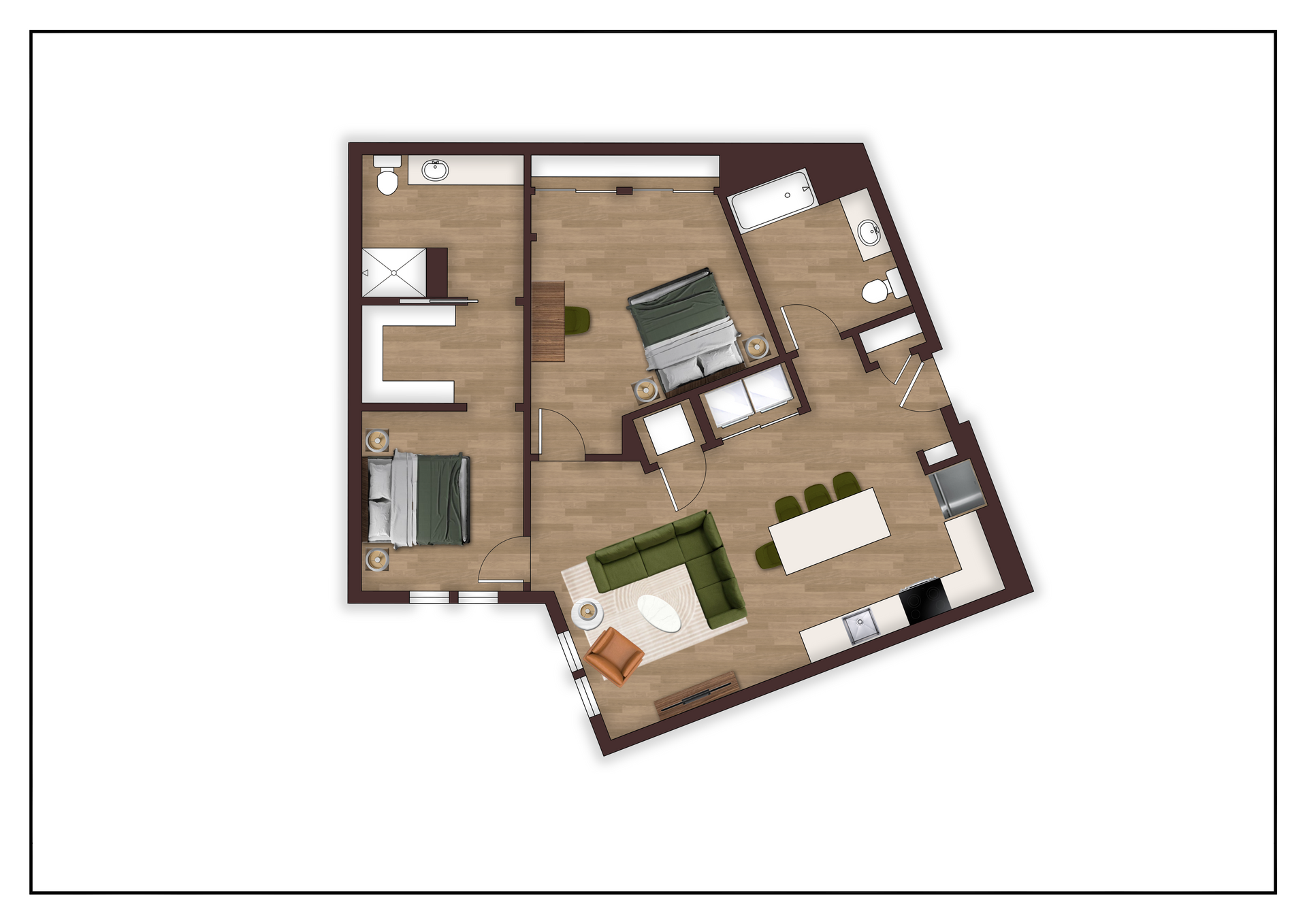 An aerial view of a floor plan of a house.