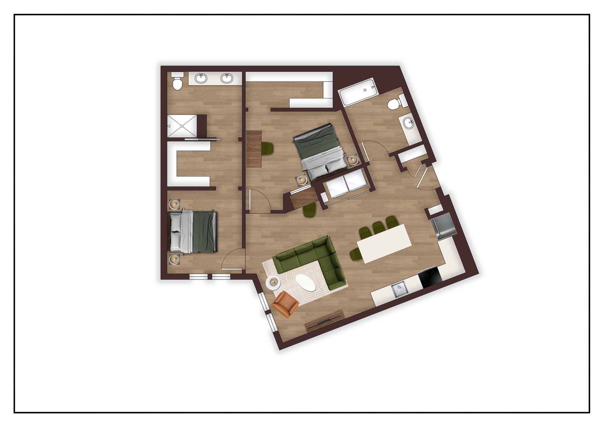 An aerial view of a floor plan of a house.