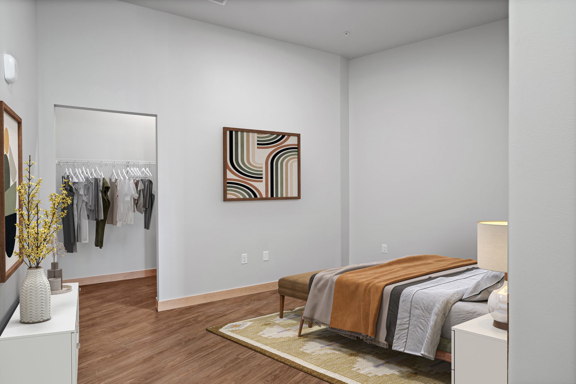 An artist 's impression of a bedroom with a large bed and a walk in closet.