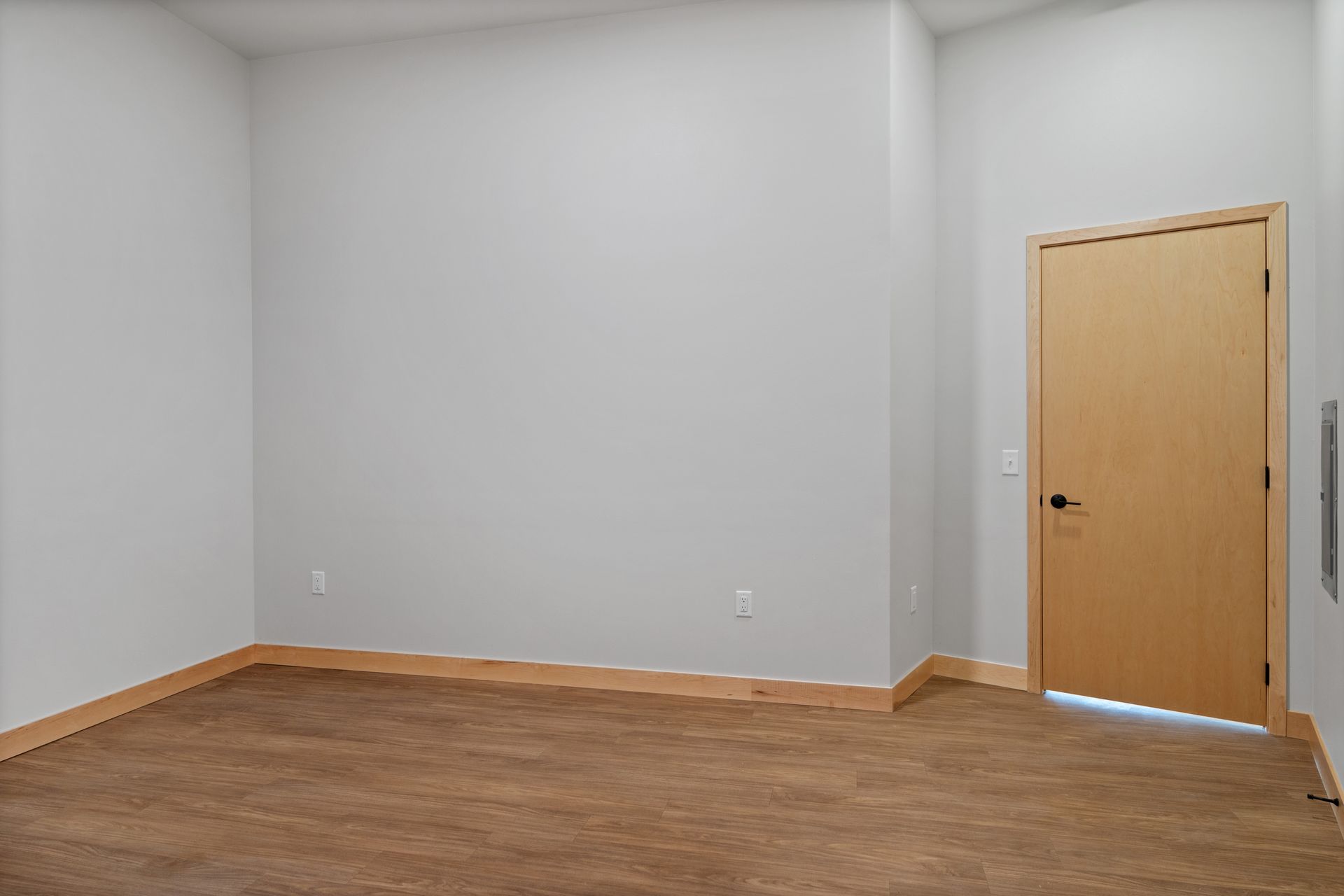 An empty room with a door and a carpeted floor.