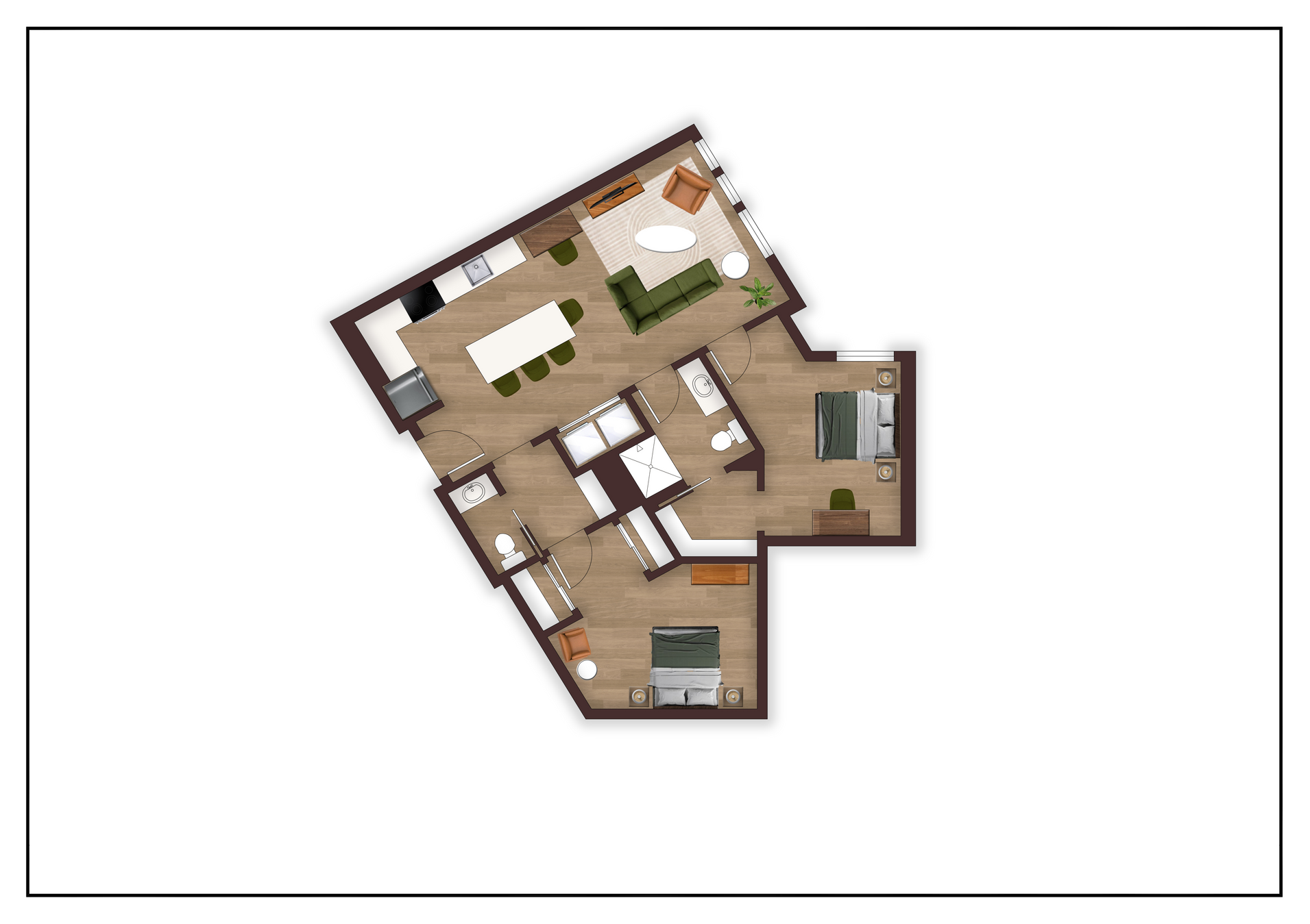 An aerial view of a floor plan of a house.
