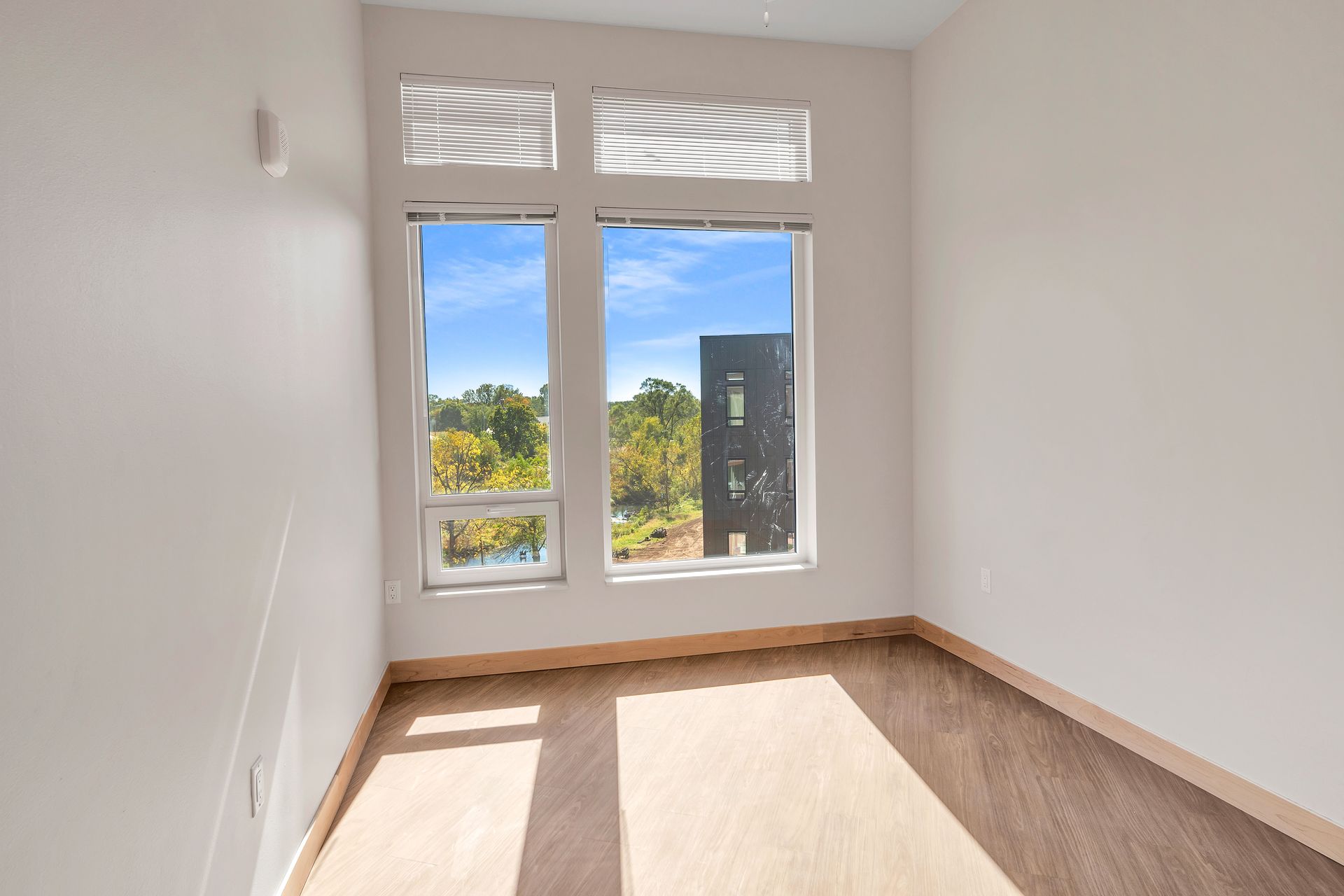 An empty room with two windows and a wooden floor.