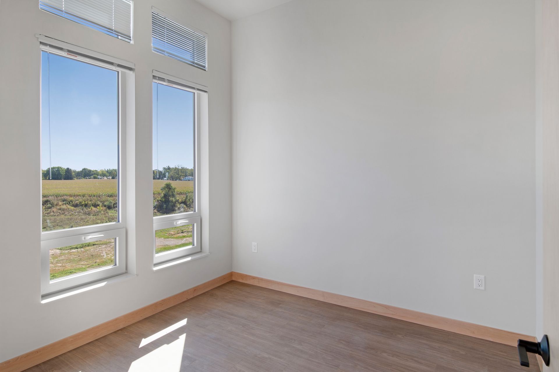 An empty bedroom with two windows and a view of a field.