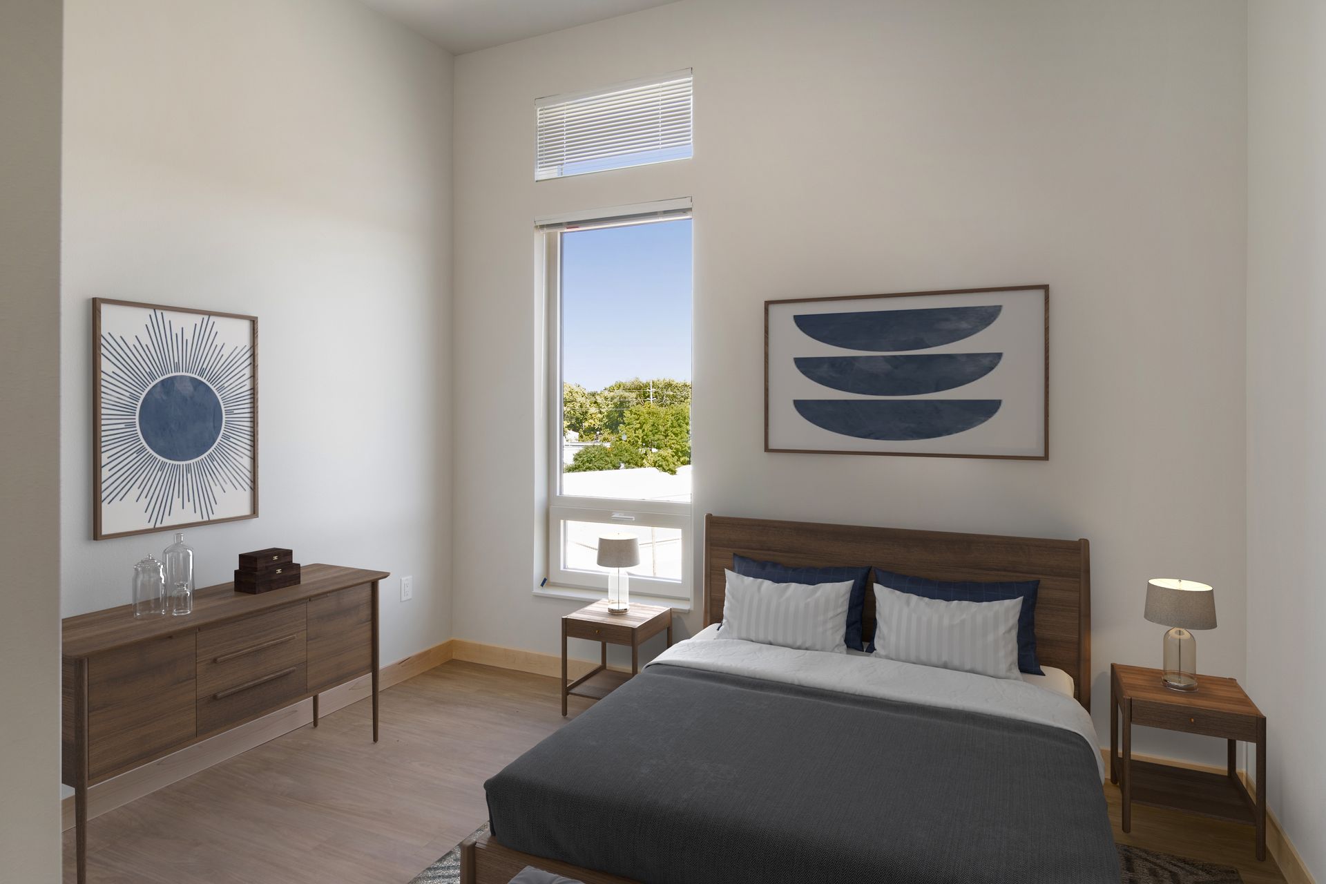 Virtually staged bedroom with a large bed and a window.