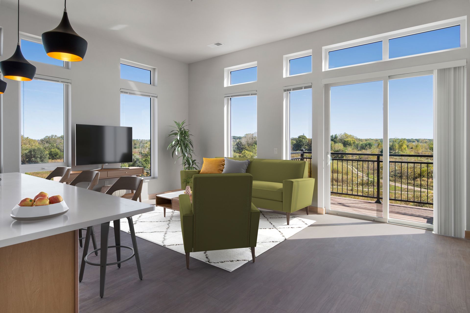 Virtually staged living room with sliding glass doors and a balcony.