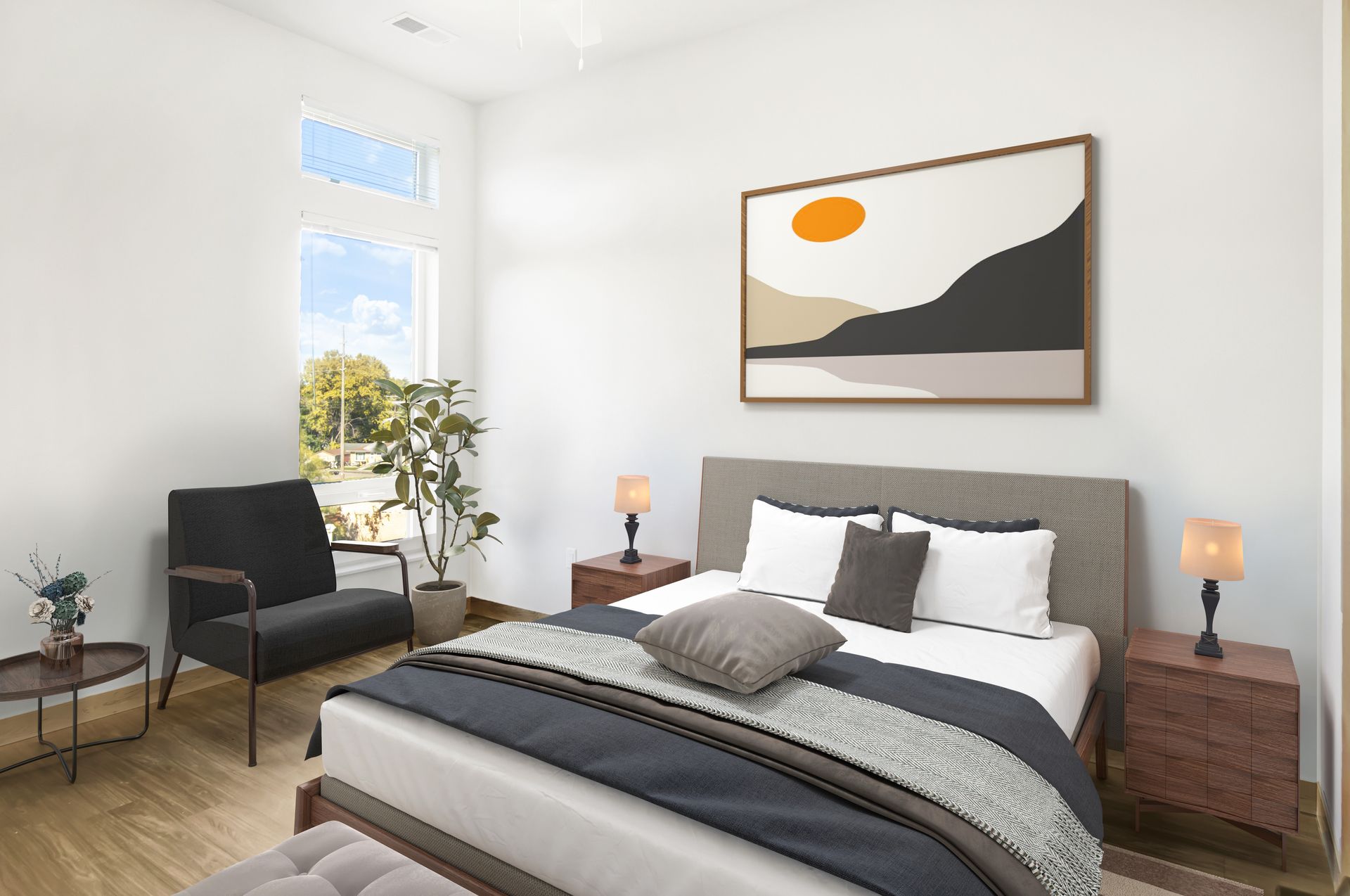 A bedroom with a bed , chair , nightstand and a painting on the wall.