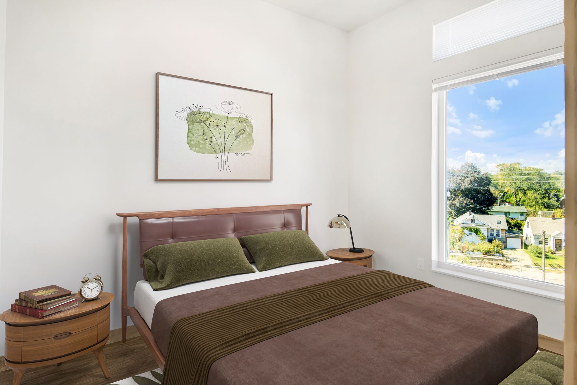 An artist 's impression of a bedroom with a large bed and a large window.