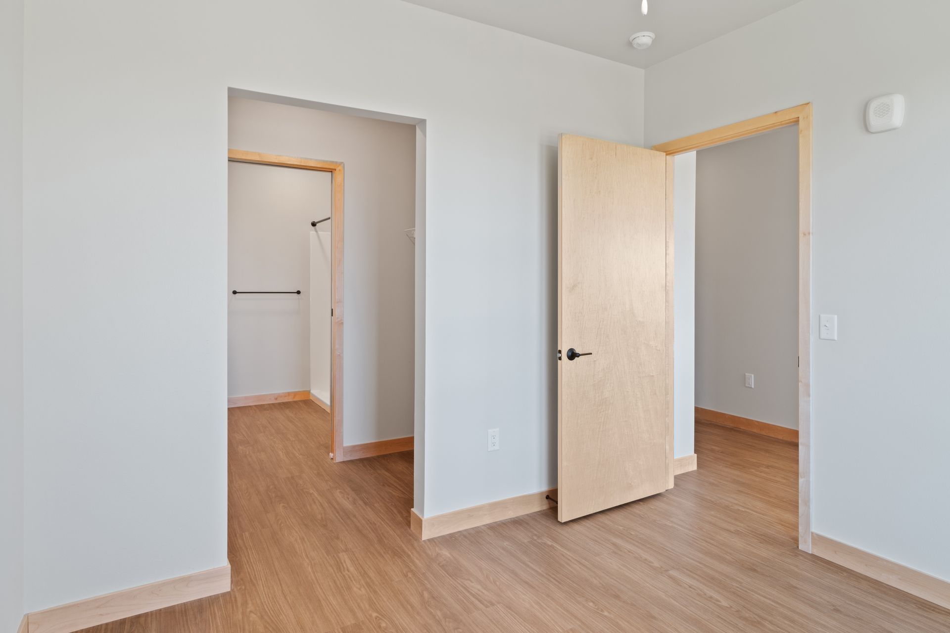 An empty room with a lvp floor and a wooden door.